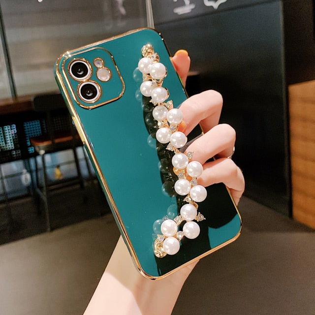 Electroplated iPhone Case with Pearl Chain-Exoticase-For iPhone 13 Pro Max-Dark Green-