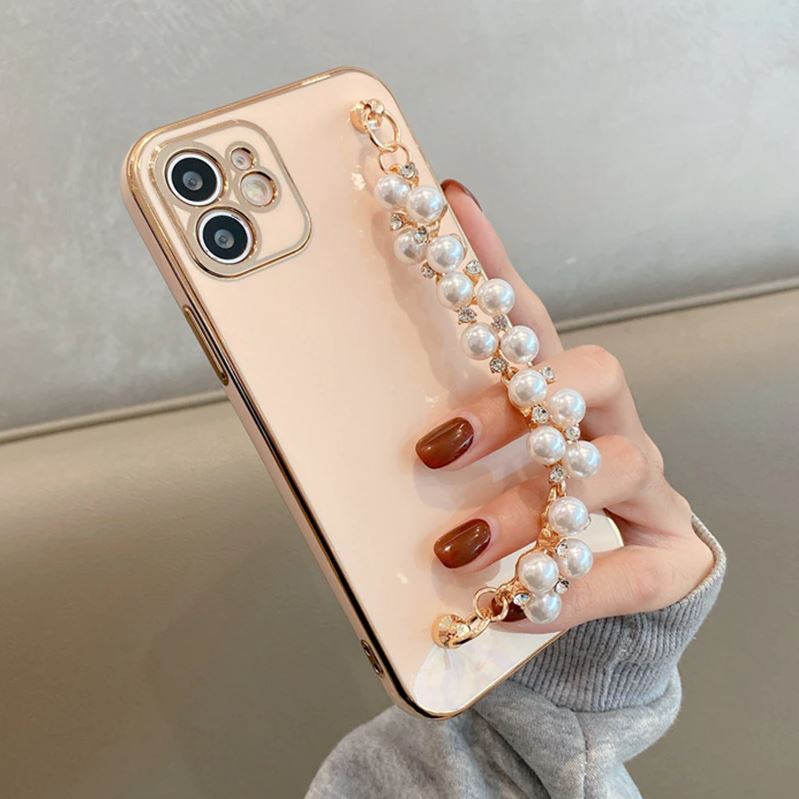 Electroplated iPhone Case with Pearl Chain - Exoticase - For iPhone 13 Pro Max / Pink