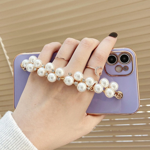 Electroplated iPhone Case with Pearl Chain - Exoticase - For iPhone 13 Pro Max / Purple