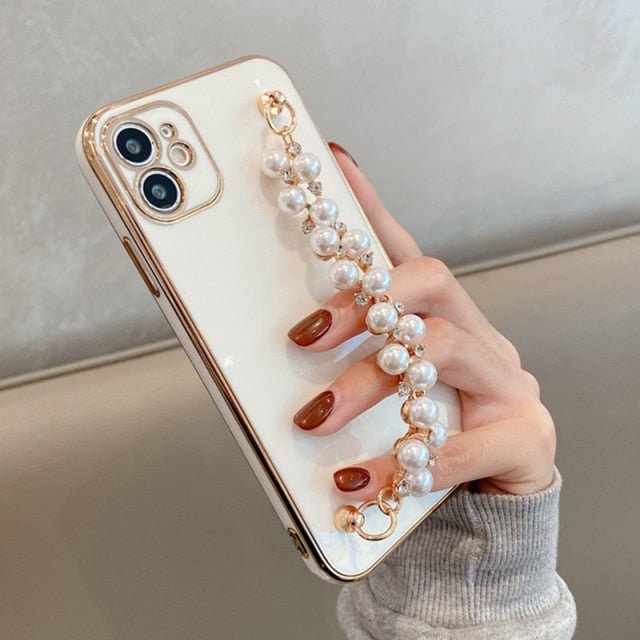 Electroplated iPhone Case with Pearl Chain - Exoticase - For iPhone 13 Pro Max / White