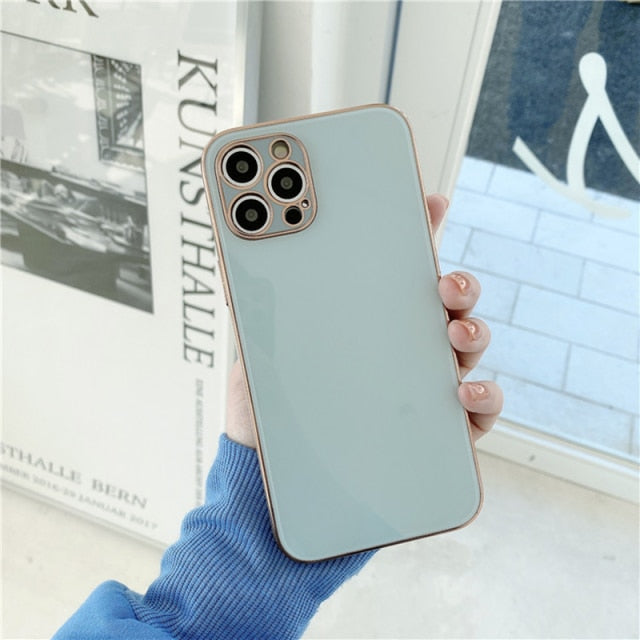 Elegant Plated and Glass Back iPhone Case-Exoticase-For iPhone 12 Pro Max-Light Blue-