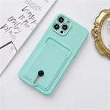 Embedded Wallet Silicone iPhone Case with Push Slider - Exoticase - For iPhone 13 Pro Max / Cyan