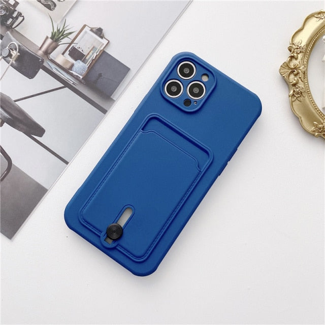Embedded Wallet Silicone iPhone Case with Push Slider - Exoticase - For iPhone 13 Pro Max / Dark Blue