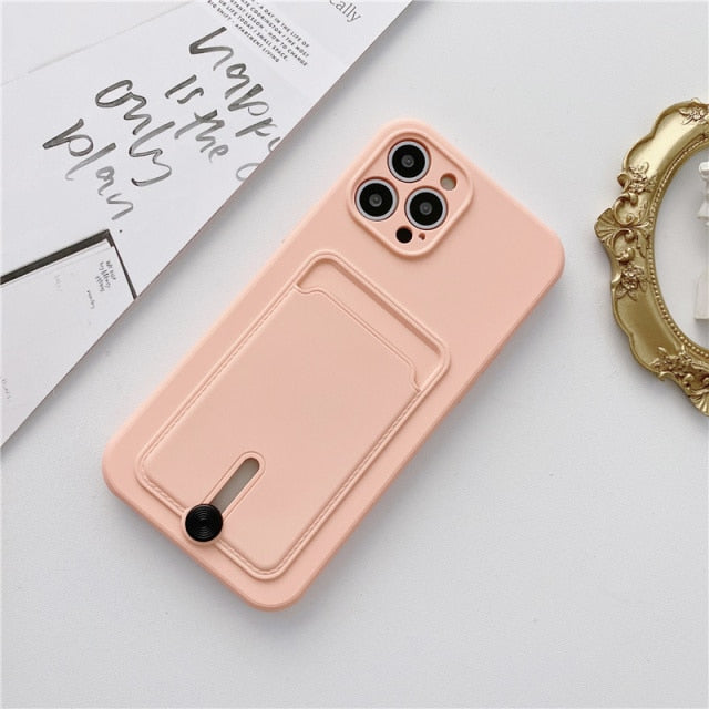 Embedded Wallet Silicone iPhone Case with Push Slider - Exoticase - For iPhone 13 Pro Max / Pink