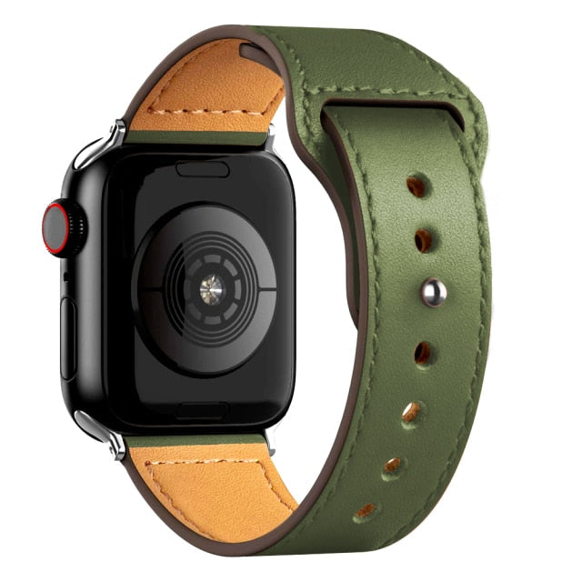 Leather Bands for New Apple Watch Series - Exoticase - Cargo Khaki with Silver Metal End / 38mm 40mm 41mm