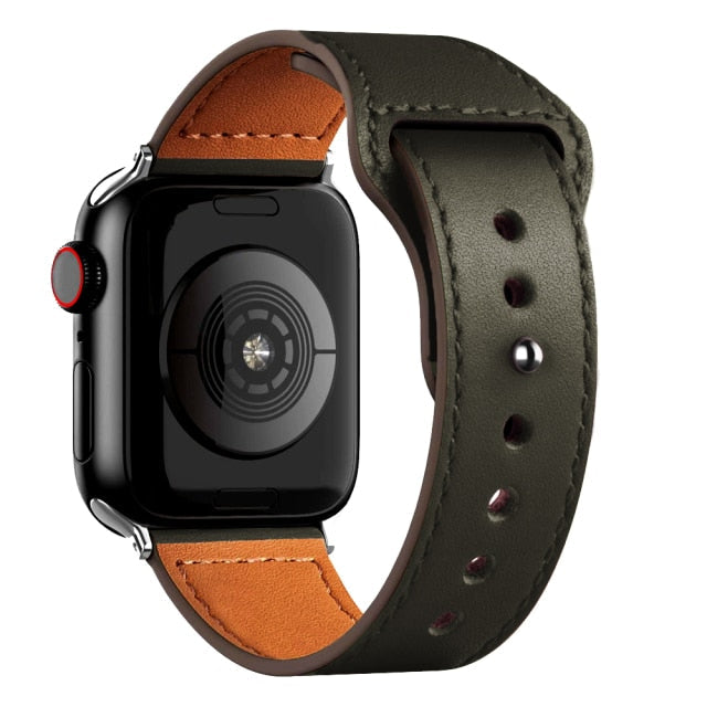 Leather Bands for New Apple Watch Series-Exoticase-Dark Army Green with Silver Metal End-38mm 40mm 41mm-