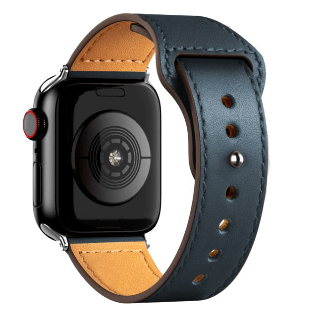 Leather Bands for New Apple Watch Series-Exoticase-Midnight Blue with Silver Metal End-38mm 40mm 41mm-