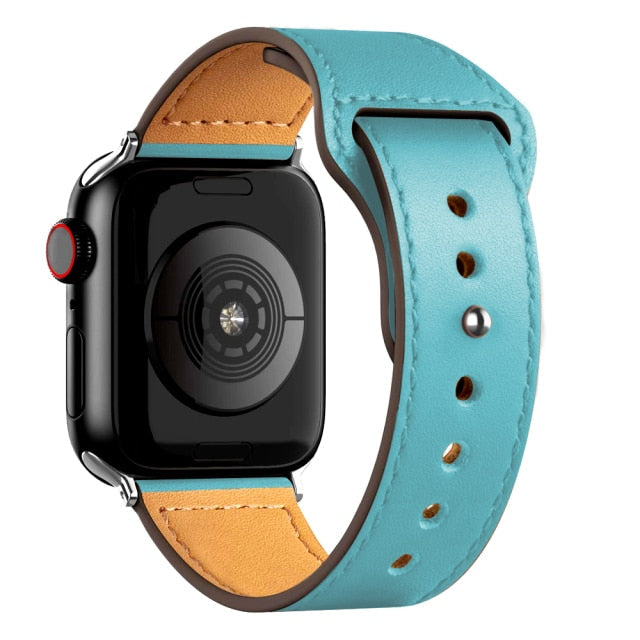 Leather Bands for New Apple Watch Series-Exoticase-Turquoise with Silver Metal End-38mm 40mm 41mm-