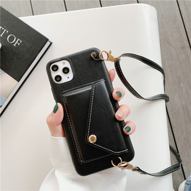 Leather Wallet iPhone Case with Leather Strap - Exoticase - For iPhone 13 Pro Max / Black
