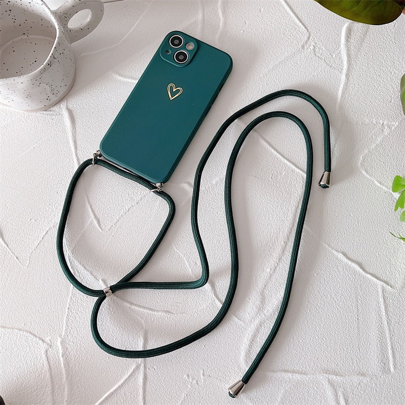 Plated Heart Silicone iPhone Case with Crossbody Lanyard-Exoticase-For iphone 14 Pro Max-Dark Green-