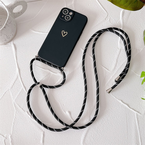Plated Heart Silicone iPhone Case with Crossbody Lanyard-Exoticase-For iphone 14 Pro Max-Black-