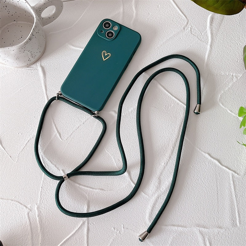 Plated Heart Silicone iPhone Case with Crossbody Lanyard - Exoticase - For iphone 14 Pro Max / Dark Green
