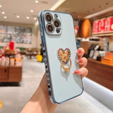 Plated iPhone case with Rhinestone Heart Ring - Exoticase - For iPhone 13 Pro Max / Sky Blue