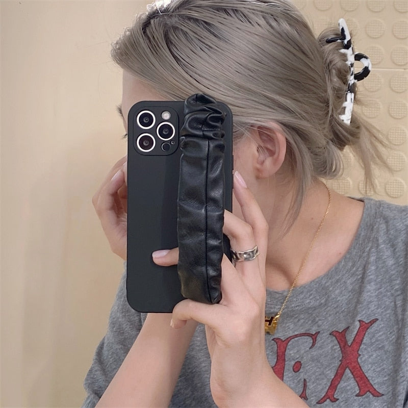 Pleated Leather Wristband iPhone Case-Exoticase-For iPhone 12 Pro Max-Black-
