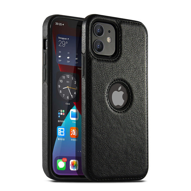 Slim Soft Logo Hole Leather iPhone Case-Exoticase-For iPhone 13 Pro Max-Black-