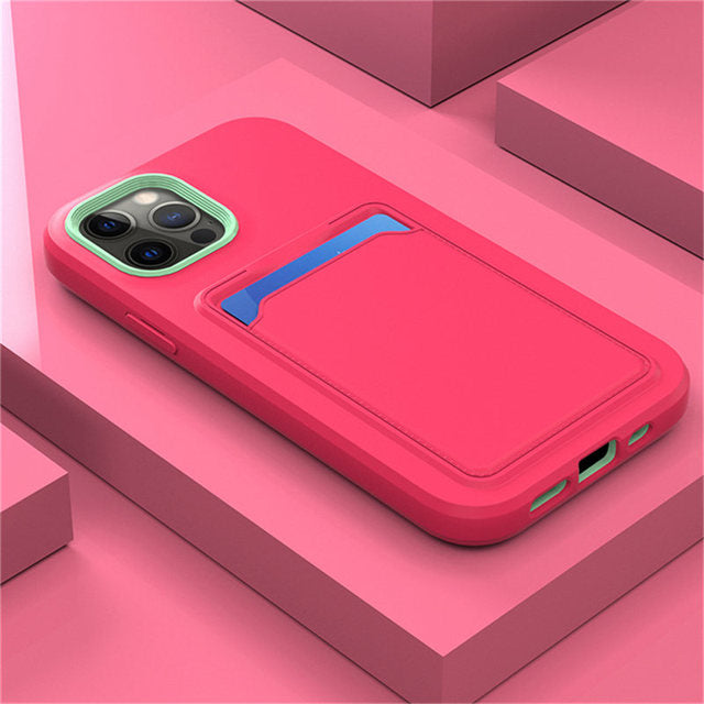 Two Tone Silicone iPhone Case with Card Pocket - Exoticase - For iPhone 13 Pro Max / Rose Red