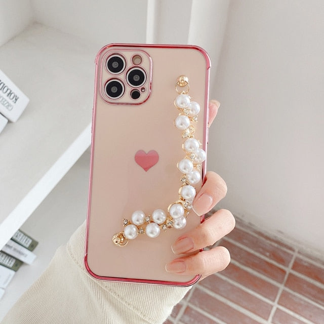 Variety Hearts iPhone Case with Pearl Chain - Exoticase - For iPhone 13 Pro Max / Pink