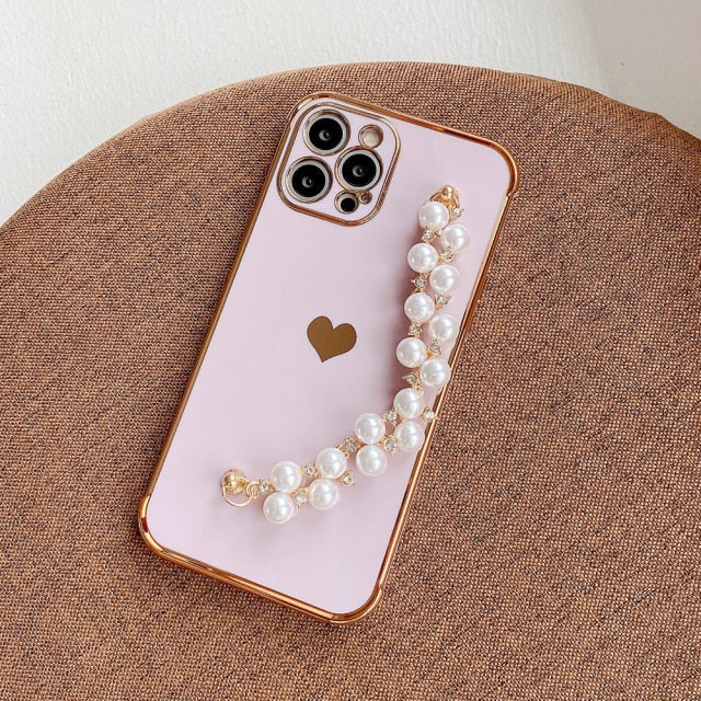 Variety Hearts iPhone Case with Pearl Chain - Exoticase - For iPhone 13 Pro Max / Purple