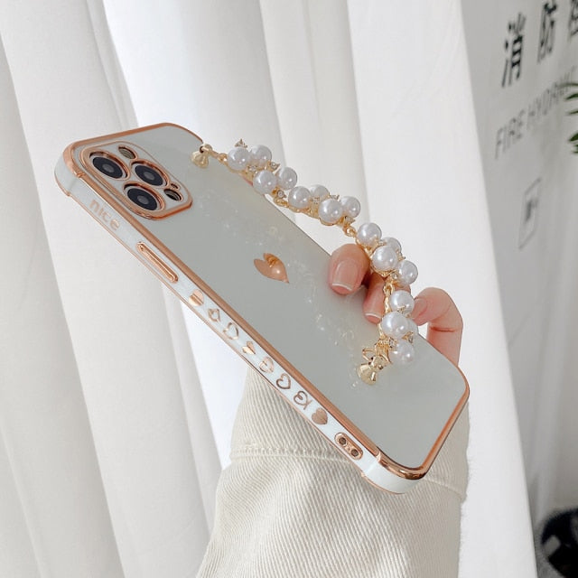 Variety Hearts iPhone Case with Pearl Chain-Exoticase-For iPhone 13 Pro Max-White-