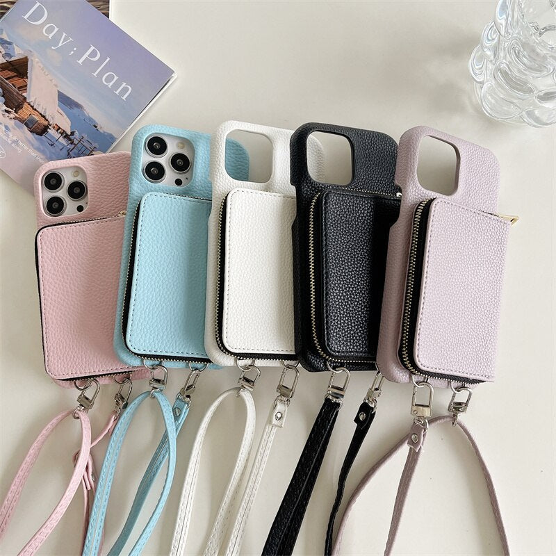 Zipper Wallet Crossbody Strap Apple iPhone Case-Exoticase-